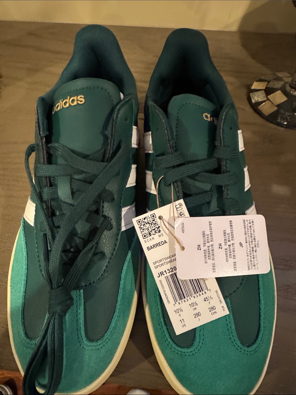 New adidas Green Barreda Sneakers with White Stripes and Gold Logo